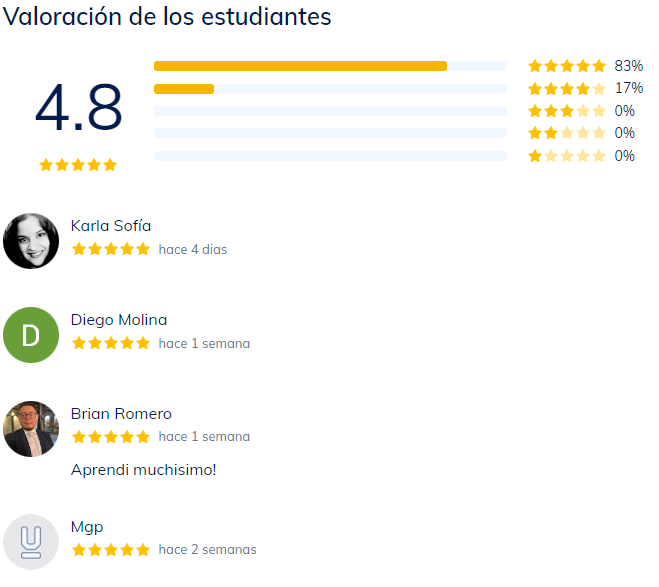 valoraciones del curso de edutin sobre github