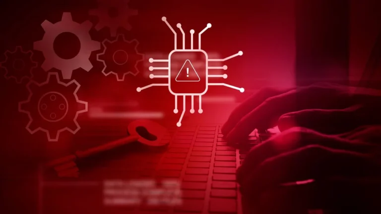 Ilustración de ciberseguridad con manos en un teclado y un chip de alerta rojo