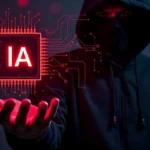 Persona encapuchada frente a un chip de IA, ilustración sobre fallas de software - Facialix