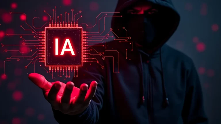 Persona encapuchada frente a un chip de IA, ilustración sobre fallas de software - Facialix